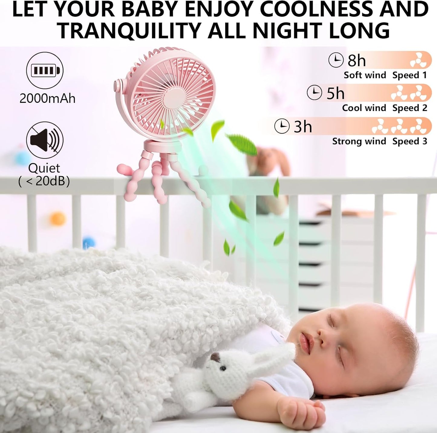 Mini Portable Stroller Fan, 3000Mah Battery Operated Personal Small Handheld Fan with Flexible Tripod, 360° Rotate 3 Speed Rechargeable Clip on for Car Seat Crib Treadmill Travel Camping